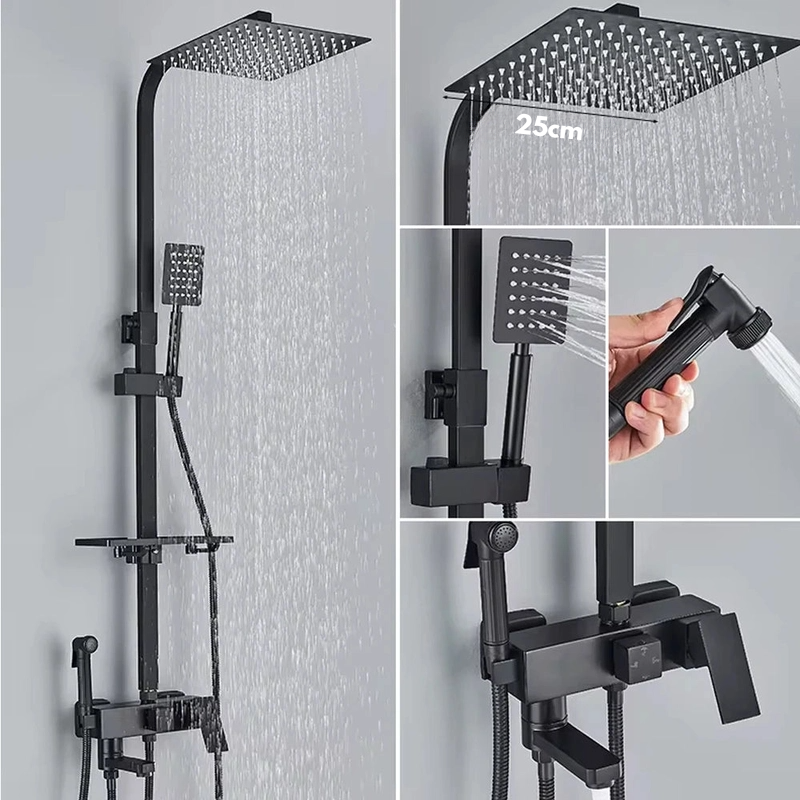 Colonne de Douche Noire – Mitigeur Laiton Noir 25-30cm, Mono-Commande Ergonomique avec Robinet Baignoire Effet Pluie, Étagères