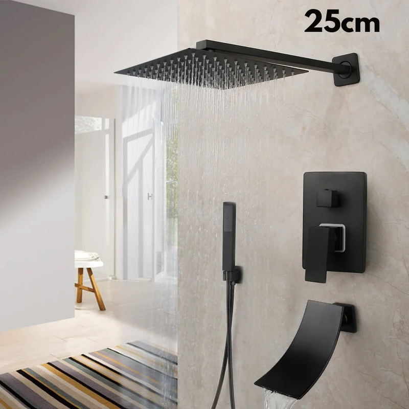 Colonne de Douche Encastrable Noir Mat – Ciel de douche Pluie 25cm-40cm” & Robinet Cascade en Laiton avec Mélangeur Douche/Bain et Pommeau Carré Pluie
