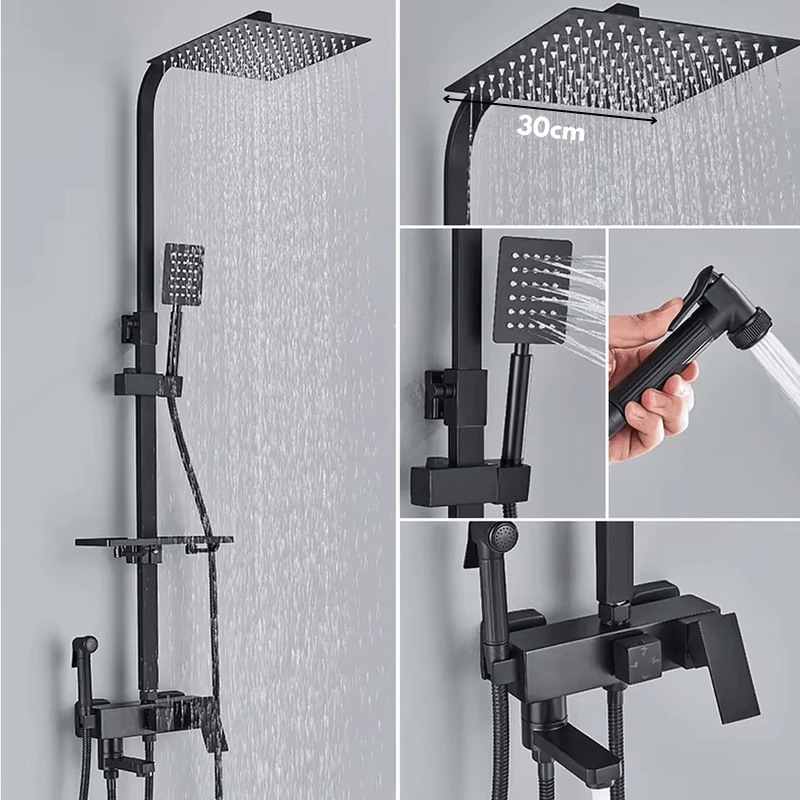 Colonne de Douche Noire – Mitigeur Laiton Noir 25-30cm, Mono-Commande Ergonomique avec Robinet Baignoire Effet Pluie, Étagères