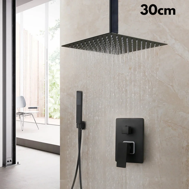 Colonne de Douche Encastrable Noir Mat – Ciel de douche Pluie 25cm-40cm” & Robinet Cascade en Laiton avec Mélangeur Douche/Bain et Pommeau Carré Pluie