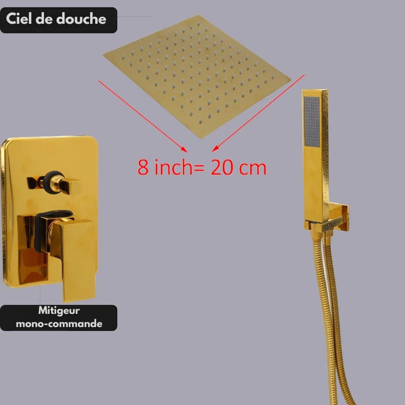 Colonne de Douche Encastrable Or – Pommeau Ultra-Mince 20-30cm” & Robinet Cascade Débit Rapide avec Système Douche Pluie et Mélangeur 2-3 Fonctions