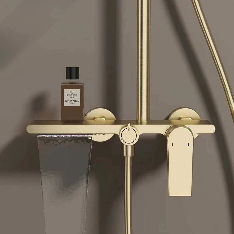 Colonne de Douche Thermostatique Or Brossé - Système 3 Fonctions avec Pommeau XXL & Douchette 3 Jets Buses, Anti-Calcaire & Mitigeur Thermostatique en Laiton