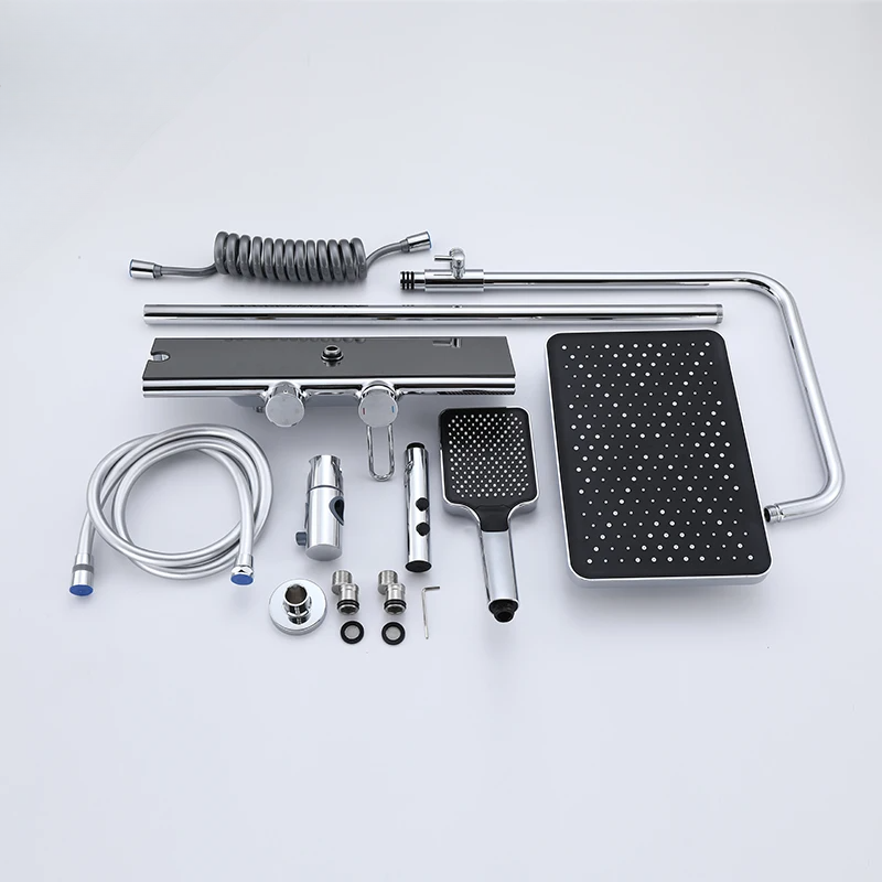 Colonne de Douche Thermostatique Chrome Gris 4 Fonctions – Mitigeur Thermostatique & Douche Pluie XXL, Bec Cascade & Douchette 3 Jets