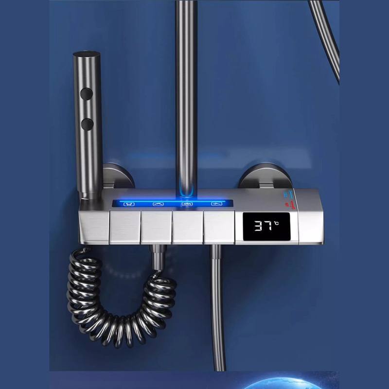 Colonne de Douche Thermostatique Grise LED – Mitigeur Robinet Thermostatique & Affichage Température avec Système Douche effet Pluie et Bec Baignoire