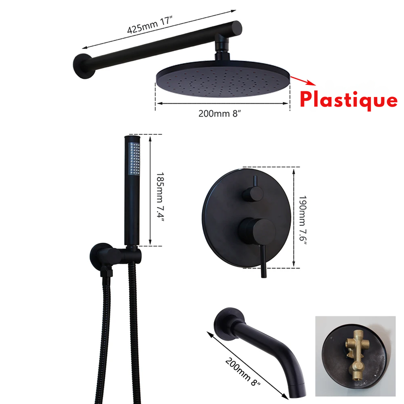Colonne de Douche Encastrable Noir Mat – Ciel de douche Pluie XXL 40cm, Mitigeur Laiton, Douchette Flexible & Installation Murale Discrète