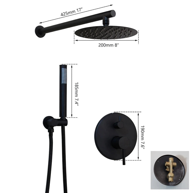 Colonne de Douche Encastrable Noir Mat – Ciel de douche Pluie XXL 40cm, Mitigeur Laiton, Douchette Flexible & Installation Murale Discrète