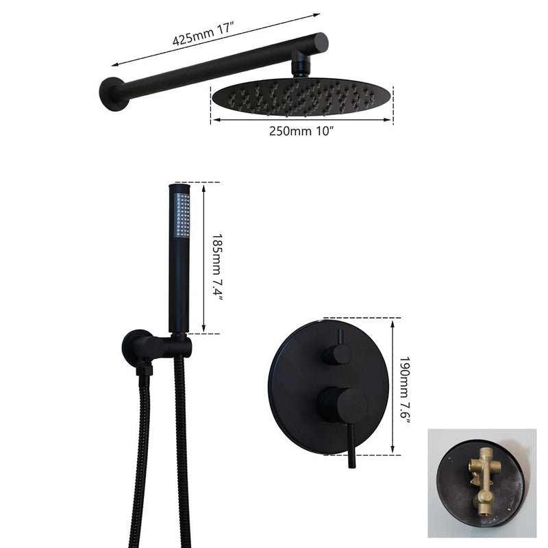 Colonne de Douche Encastrable Noir Mat – Ciel de douche Pluie XXL 40cm, Mitigeur Laiton, Douchette Flexible & Installation Murale Discrète