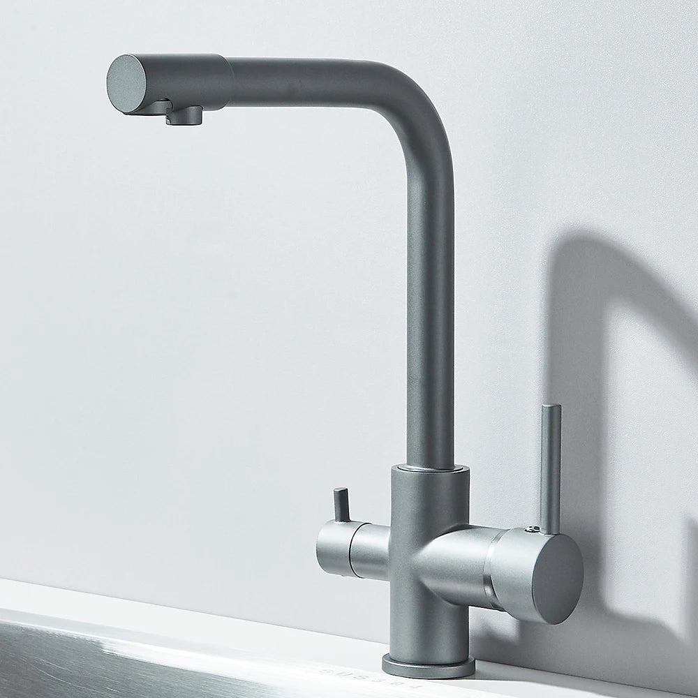 Mitigeur de cuisine noir double sortie avec eau filtrée – laiton massif, rotation 360° et finition chrome poli