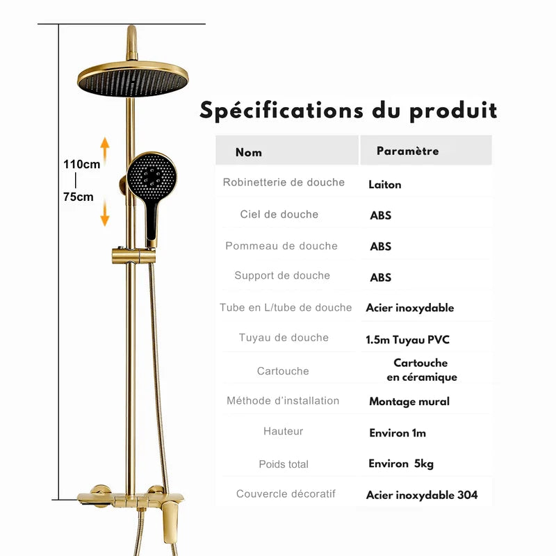 Colonne de Douche Thermostatique Or Brossé – Pommeau XXL 25cm” & Douchette 3 Fonctions, Design Moderne Minimaliste & Économie d'eau - Focett