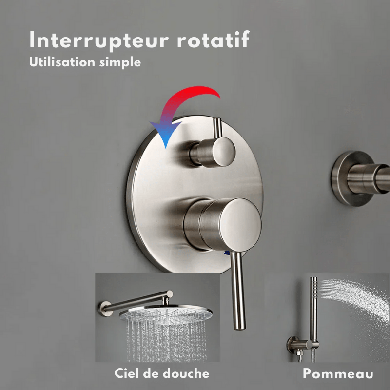 Colonne de douche encastrable gris chrome brossé – contrôle double avec poignée unique - Focett
