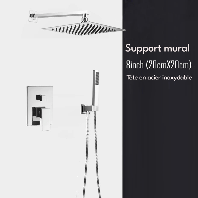 Colonne de Douche Encastrable Gris Chrome – Mitigeur Laiton, Pommeau XXL Effet Pluie 20-40cm , Douchette à Main et Bec Rotatif pour Baignoire