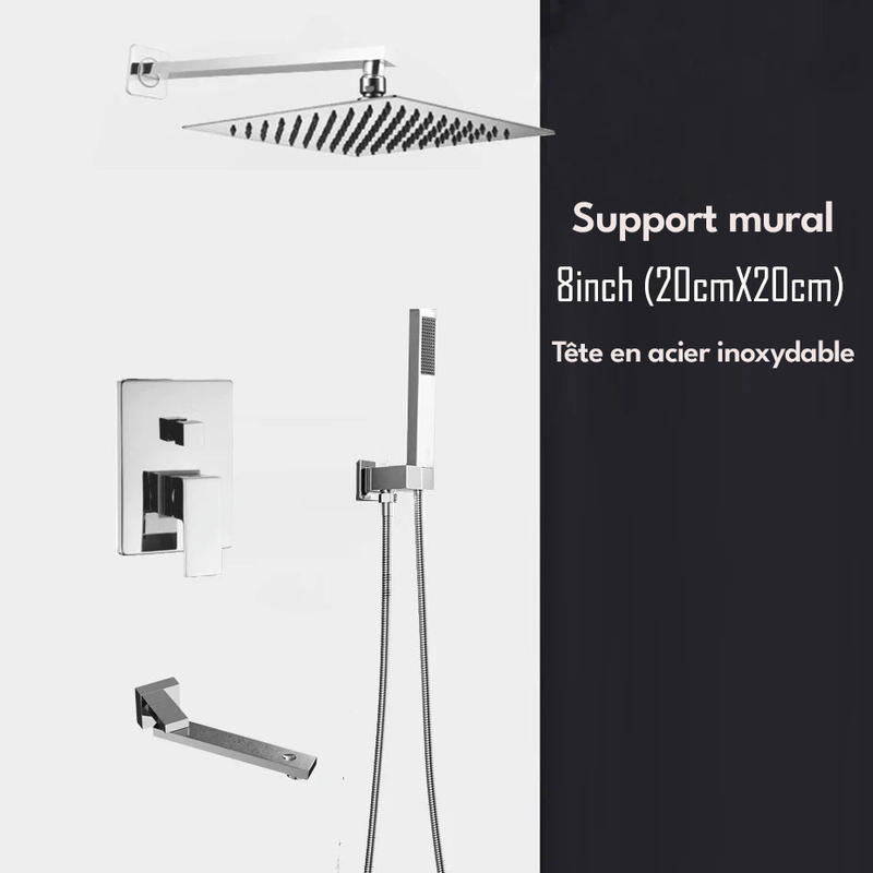 Colonne de Douche Encastrable Gris Chrome – Mitigeur Laiton, Pommeau XXL Effet Pluie 20-40cm , Douchette à Main et Bec Rotatif pour Baignoire