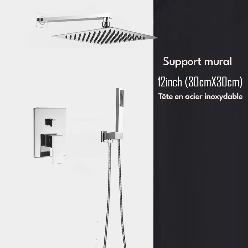 Colonne de Douche Encastrable Gris Chrome – Mitigeur Laiton, Pommeau XXL Effet Pluie 20-40cm , Douchette à Main et Bec Rotatif pour Baignoire