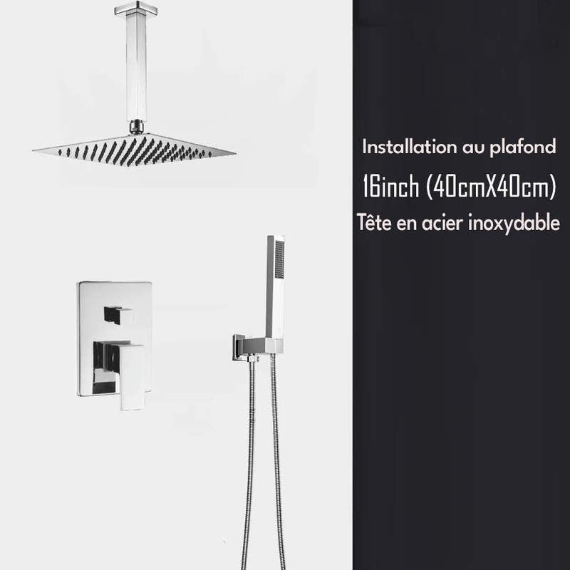 Colonne de Douche Encastrable Gris Chrome – Mitigeur Laiton, Pommeau XXL Effet Pluie 20-40cm , Douchette à Main et Bec Rotatif pour Baignoire