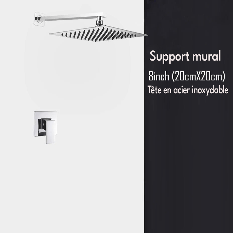 Colonne de Douche Encastrable Gris Chrome – Mitigeur Laiton, Pommeau XXL Effet Pluie 20-40cm , Douchette à Main et Bec Rotatif pour Baignoire