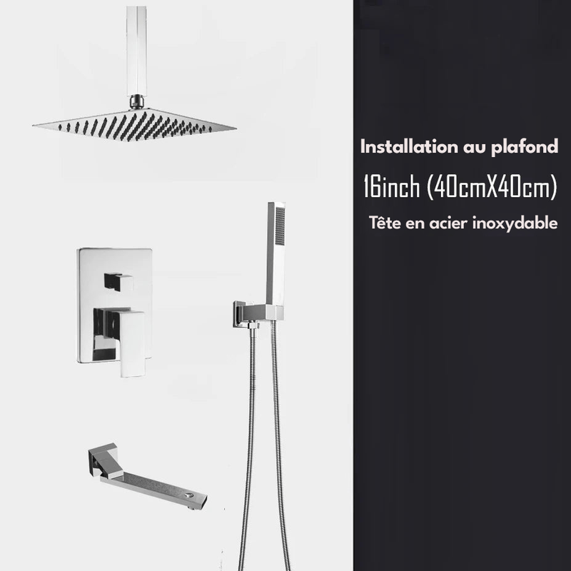Colonne de Douche Encastrable Gris Chrome – Mitigeur Laiton, Pommeau XXL Effet Pluie 20-40cm , Douchette à Main et Bec Rotatif pour Baignoire