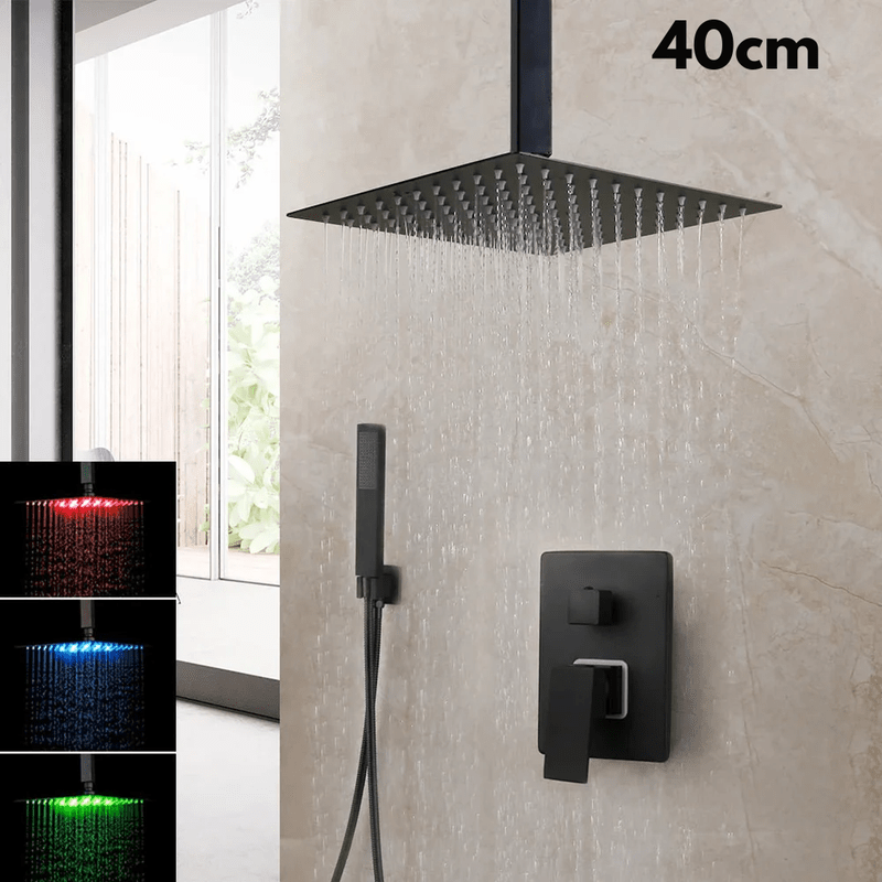 Colonne de Douche Encastrable Noir Mat – Ciel de douche Pluie 25cm - 40cm” & Robinet Cascade en Laiton avec Mélangeur Douche/Bain et Pommeau Carré Pluie - Focett