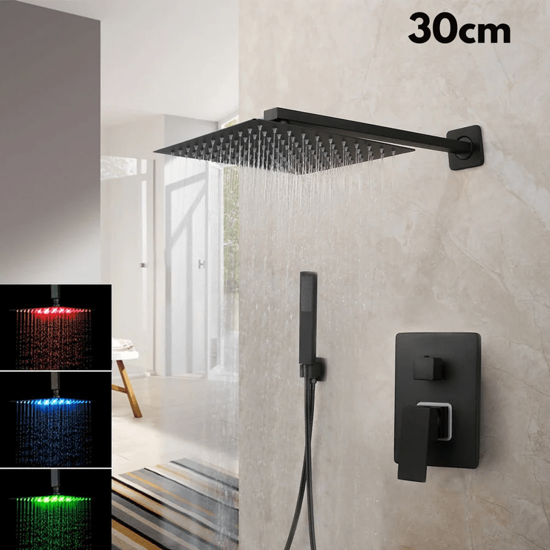 Colonne de Douche Encastrable Noir Mat – Ciel de douche Pluie 25cm - 40cm” & Robinet Cascade en Laiton avec Mélangeur Douche/Bain et Pommeau Carré Pluie - Focett