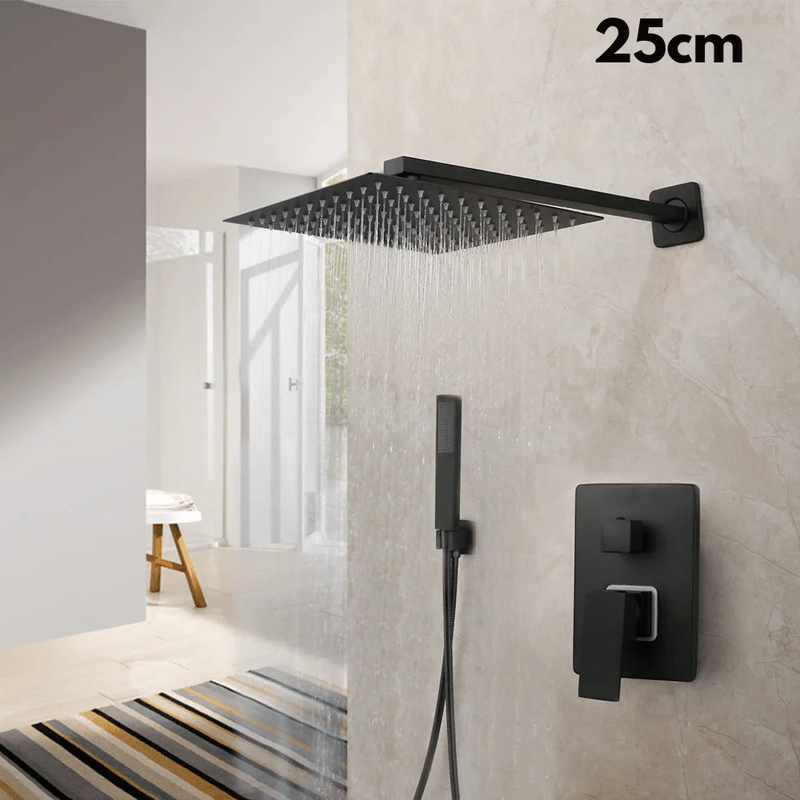 Colonne de Douche Encastrable Noir Mat – Ciel de douche Pluie 25cm - 40cm” & Robinet Cascade en Laiton avec Mélangeur Douche/Bain et Pommeau Carré Pluie - Focett