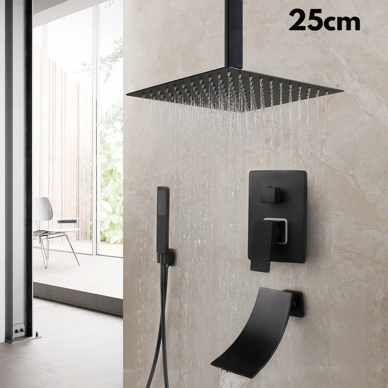 Colonne de Douche Encastrable Noir Mat – Ciel de douche Pluie 25cm - 40cm” & Robinet Cascade en Laiton avec Mélangeur Douche/Bain et Pommeau Carré Pluie - Focett