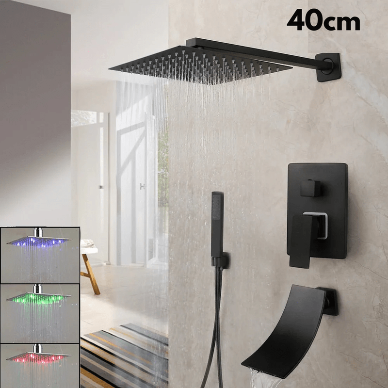 Colonne de Douche Encastrable Noir Mat – Ciel de douche Pluie 25cm - 40cm” & Robinet Cascade en Laiton avec Mélangeur Douche/Bain et Pommeau Carré Pluie - Focett