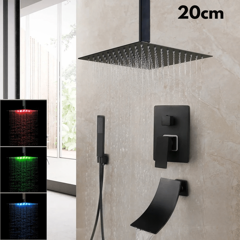 Colonne de Douche Encastrable Noir Mat – Ciel de douche Pluie 25cm - 40cm” & Robinet Cascade en Laiton avec Mélangeur Douche/Bain et Pommeau Carré Pluie - Focett