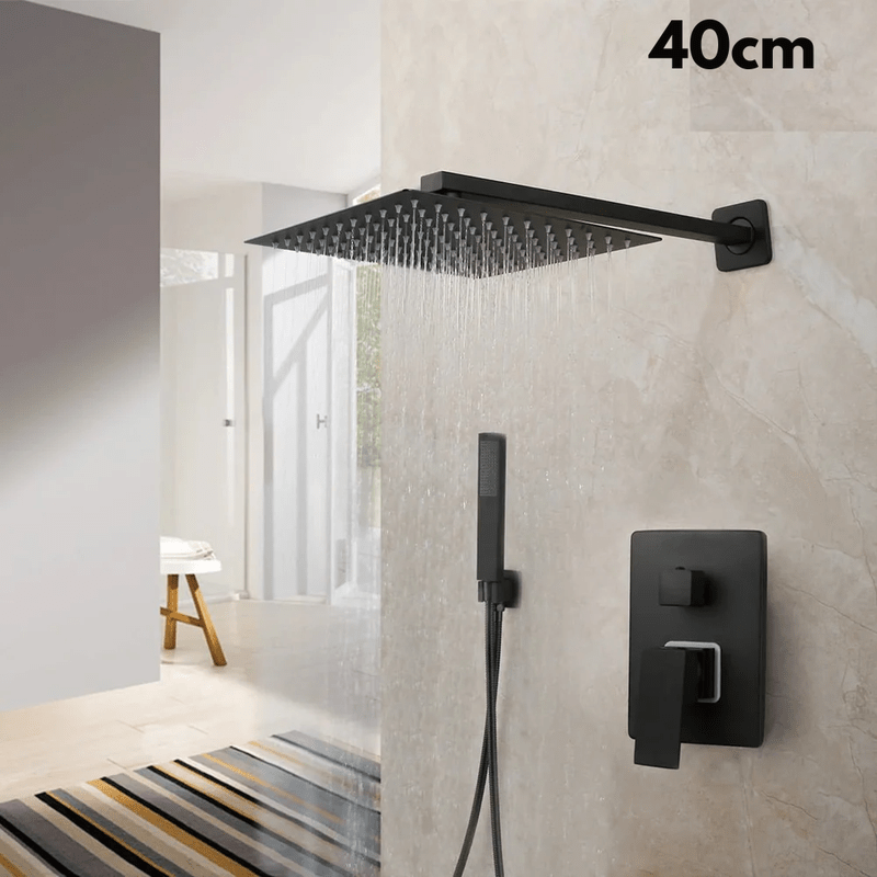 Colonne de Douche Encastrable Noir Mat – Ciel de douche Pluie 25cm - 40cm” & Robinet Cascade en Laiton avec Mélangeur Douche/Bain et Pommeau Carré Pluie - Focett