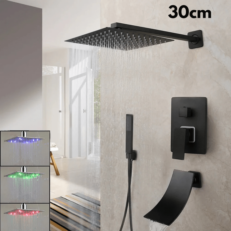 Colonne de Douche Encastrable Noir Mat – Ciel de douche Pluie 25cm - 40cm” & Robinet Cascade en Laiton avec Mélangeur Douche/Bain et Pommeau Carré Pluie - Focett