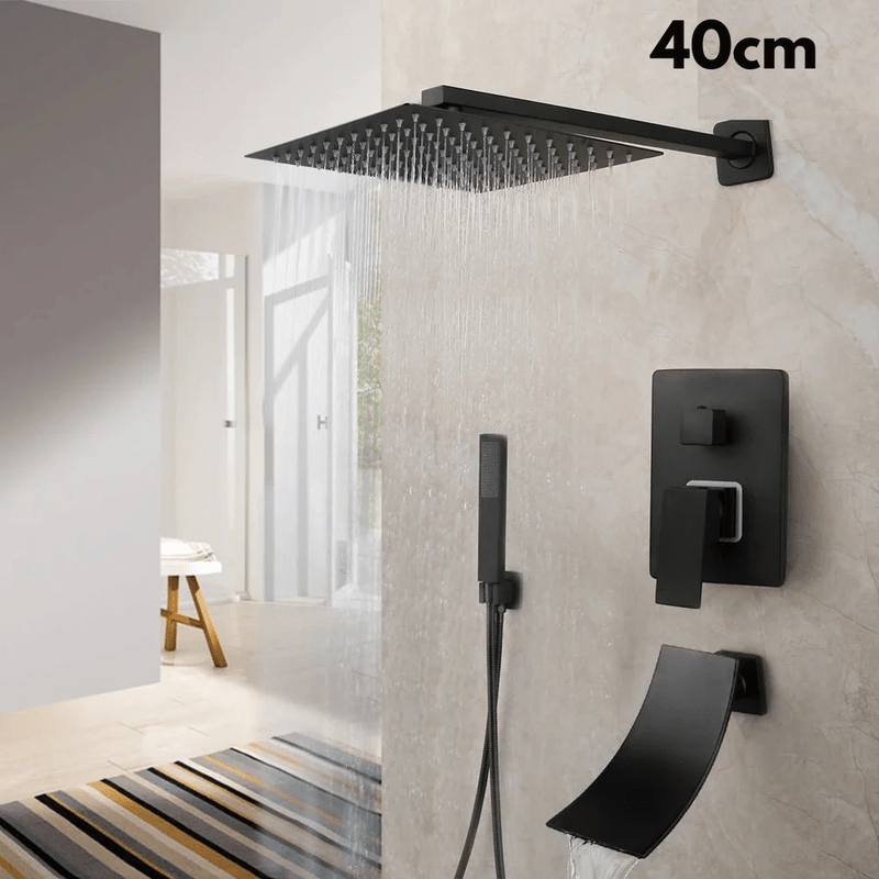 Colonne de Douche Encastrable Noir Mat – Ciel de douche Pluie 25cm - 40cm” & Robinet Cascade en Laiton avec Mélangeur Douche/Bain et Pommeau Carré Pluie - Focett