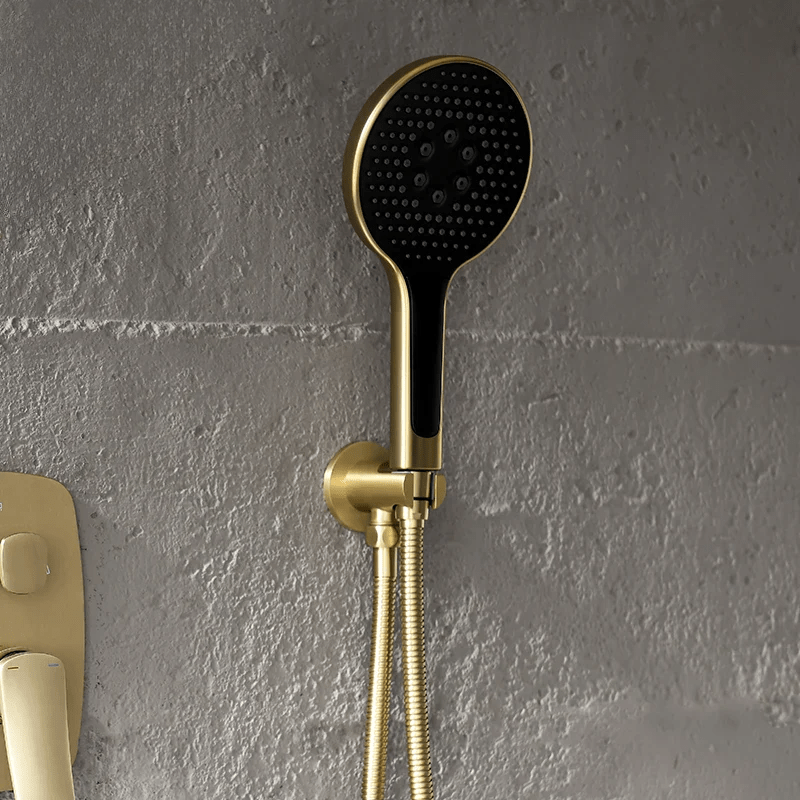 Colonne de douche encastrable or brossé avec mitigeur thermostatique - design minimaliste et jet pluie doux - Focett