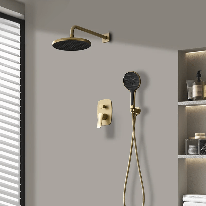 Colonne de douche encastrable or brossé avec mitigeur thermostatique - design minimaliste et jet pluie doux - Focett