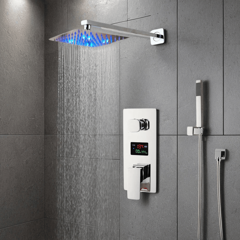 Colonne de Douche Encastrable Gris Chrome – Système 2-en-1 Ciel De Douche & Douchette avec Tête de Douche LED, Affichage Digital et Mélangeur 3 Fonctions