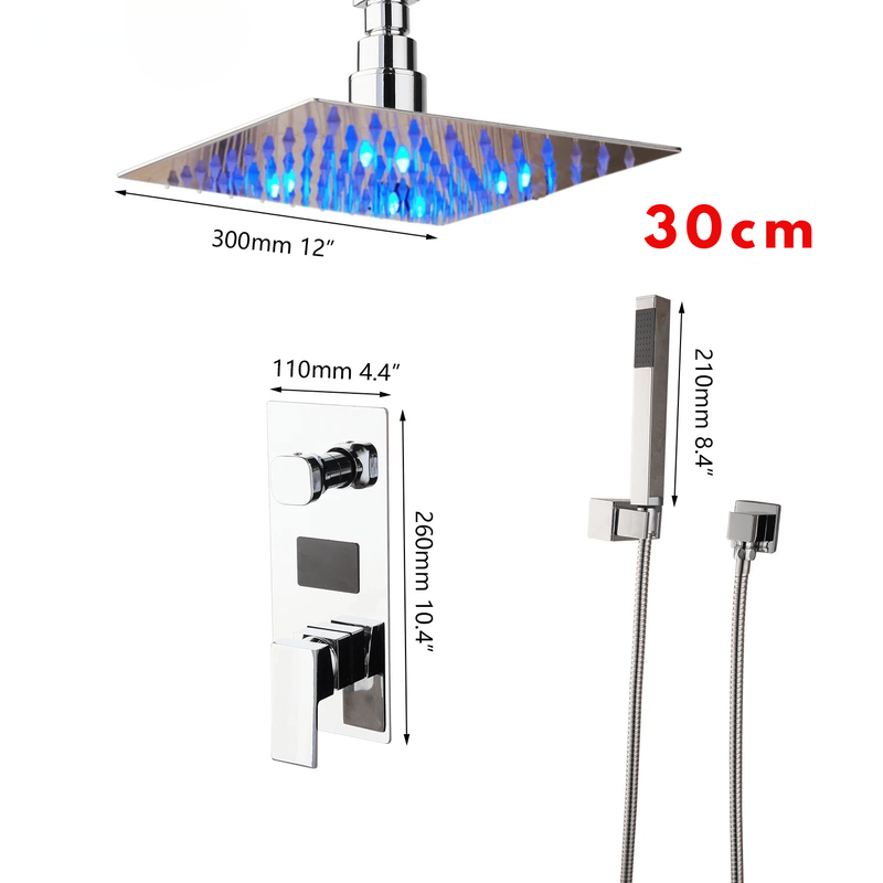 Colonne de Douche Encastrable Gris Chrome – Système 2-en-1 Ciel De Douche & Douchette avec Tête de Douche LED, Affichage Digital et Mélangeur 3 Fonctions