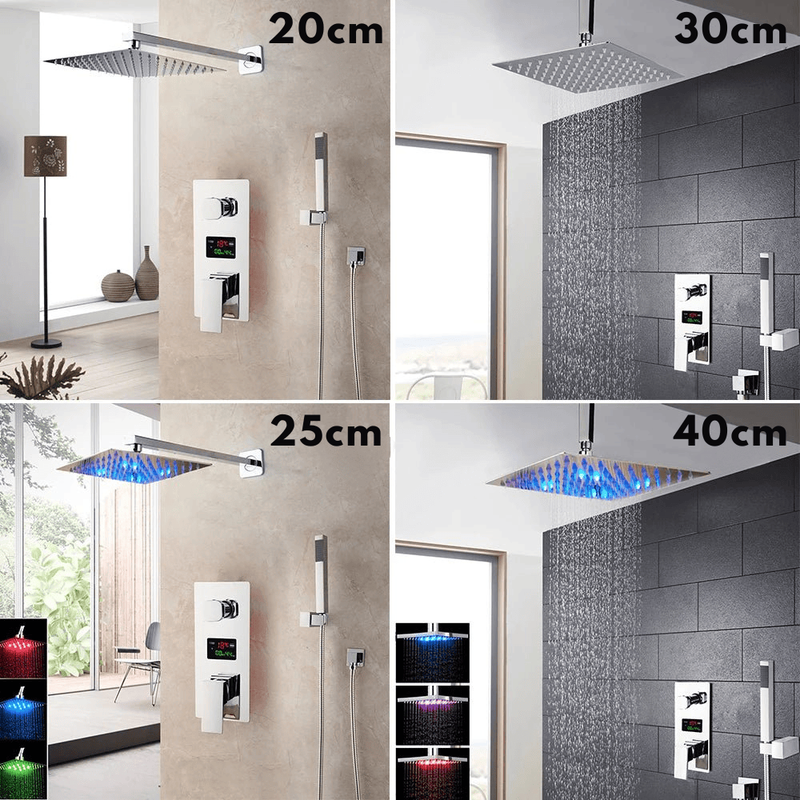 Colonne de Douche Encastrable Gris Chrome – Système 2-en-1 Ciel De Douche & Douchette avec Tête de Douche LED, Affichage Digital et Mélangeur 3 Fonctions