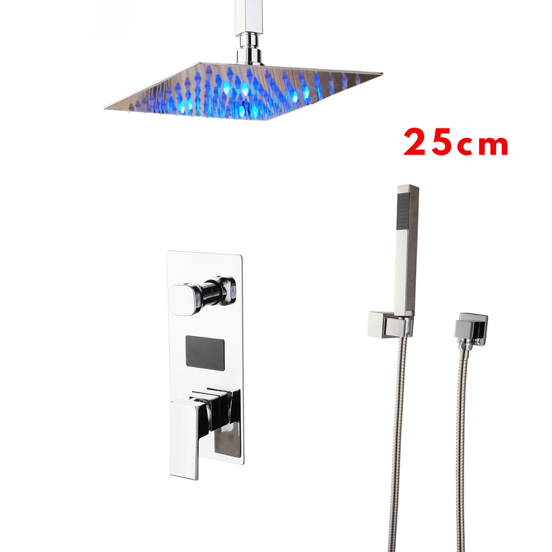 Colonne de Douche Encastrable Gris Chrome – Système 2-en-1 Ciel De Douche & Douchette avec Tête de Douche LED, Affichage Digital et Mélangeur 3 Fonctions