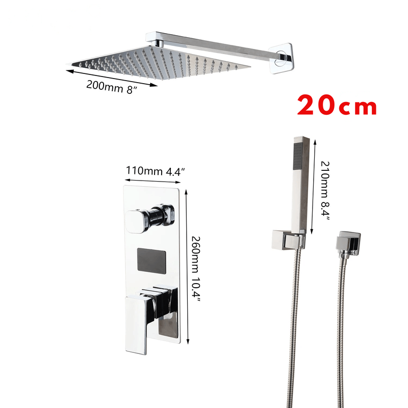 Colonne de Douche Encastrable Gris Chrome – Système 2-en-1 Ciel De Douche & Douchette avec Tête de Douche LED, Affichage Digital et Mélangeur 3 Fonctions