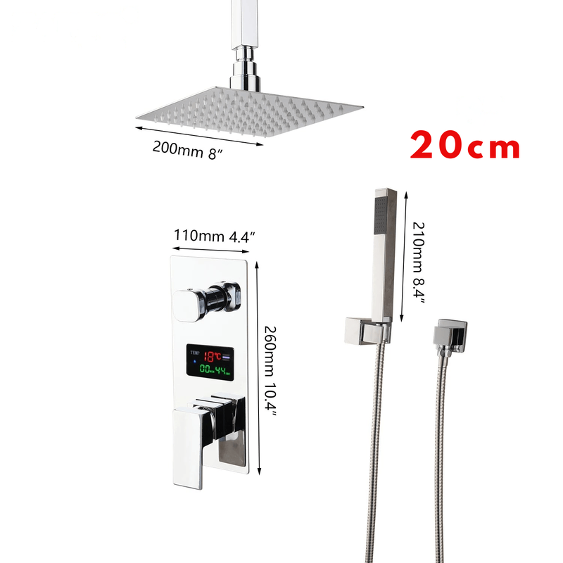 Colonne de Douche Encastrable Gris Chrome – Système 2-en-1 Ciel De Douche & Douchette avec Tête de Douche LED, Affichage Digital et Mélangeur 3 Fonctions
