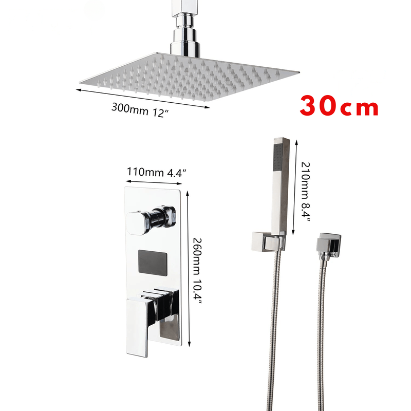Colonne de Douche Encastrable Gris Chrome – Système 2-en-1 Ciel De Douche & Douchette avec Tête de Douche LED, Affichage Digital et Mélangeur 3 Fonctions