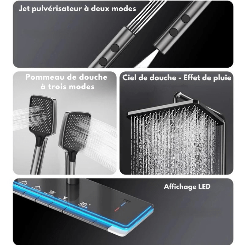Colonne de Douche Grise – Acier Inoxydable Poli, Hauteur & Inclinaison Ajustables avec Affichage Digital, Boutons Piano et LED