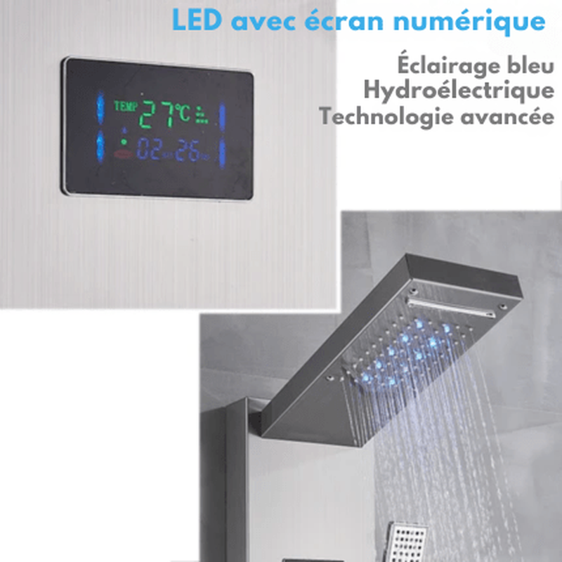 Colonne de Douche Hydromassante Grise – LED Intégrée, Effet Pluie Relaxant & Contrôle Précis et 6 Modes de Mélangeur