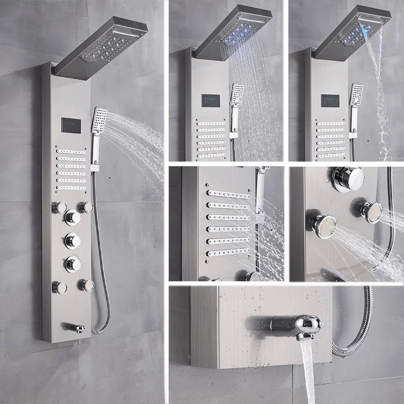 Colonne de Douche Hydromassante Grise – LED Intégrée, Effet Pluie Relaxant & Contrôle Précis et 6 Modes de Mélangeur