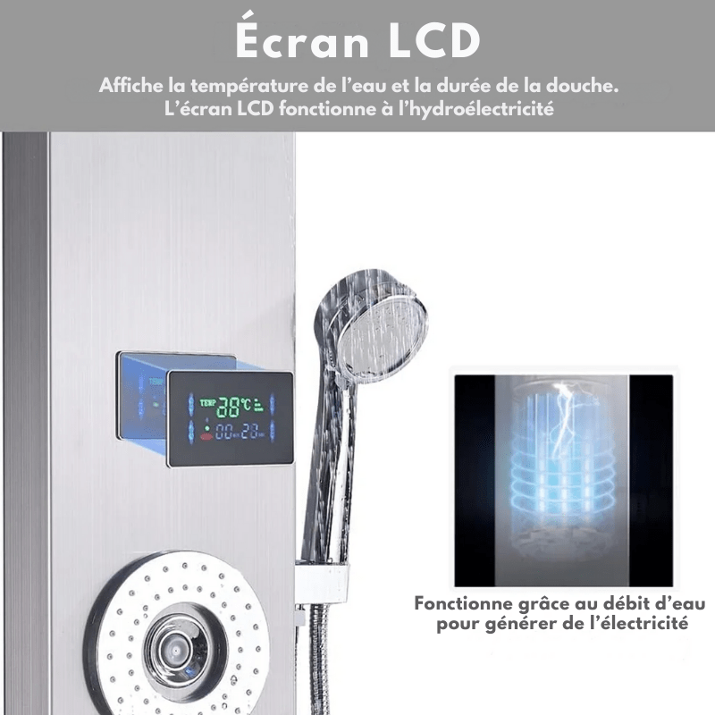 Colonne de douche hydromassante grise en nickel brossé avec LED – jets de massage & écran digital - effet cascade/pluie - Focett