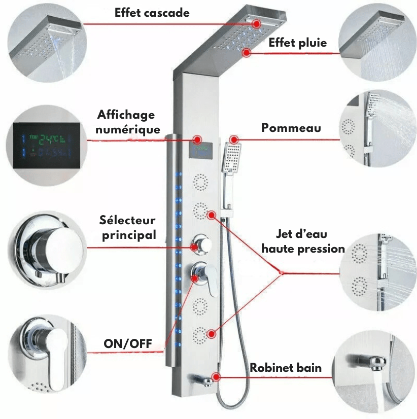 Colonne de Douche Hydromassante grise LED - Jets de Massage et Affichage digital - Effet cascade/pluie - Focett