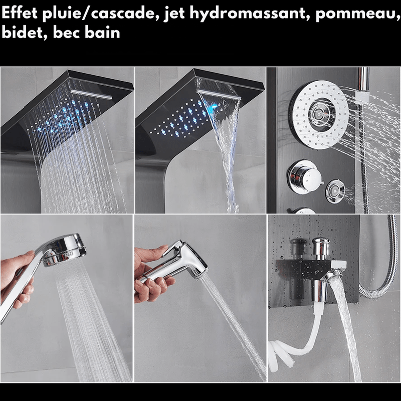 Colonne de Douche Hydromassante Noir LED avec Jets de Massage – Système Cascade & Pluie & Affichage Digital - Focett