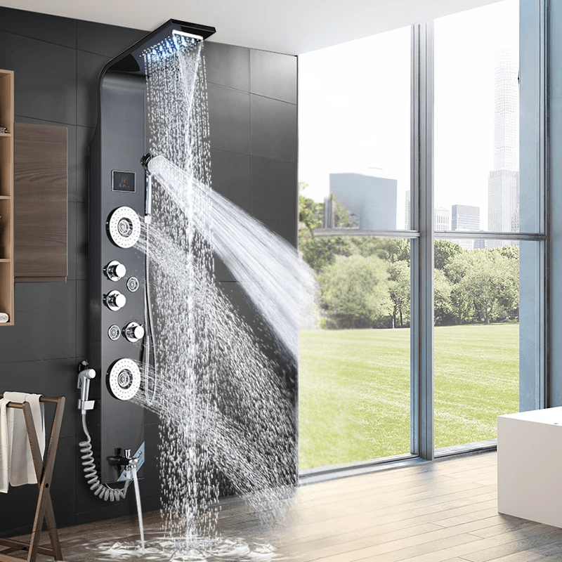 Colonne de Douche Hydromassante Noir LED avec Jets de Massage – Système Cascade & Pluie & Affichage Digital - Focett