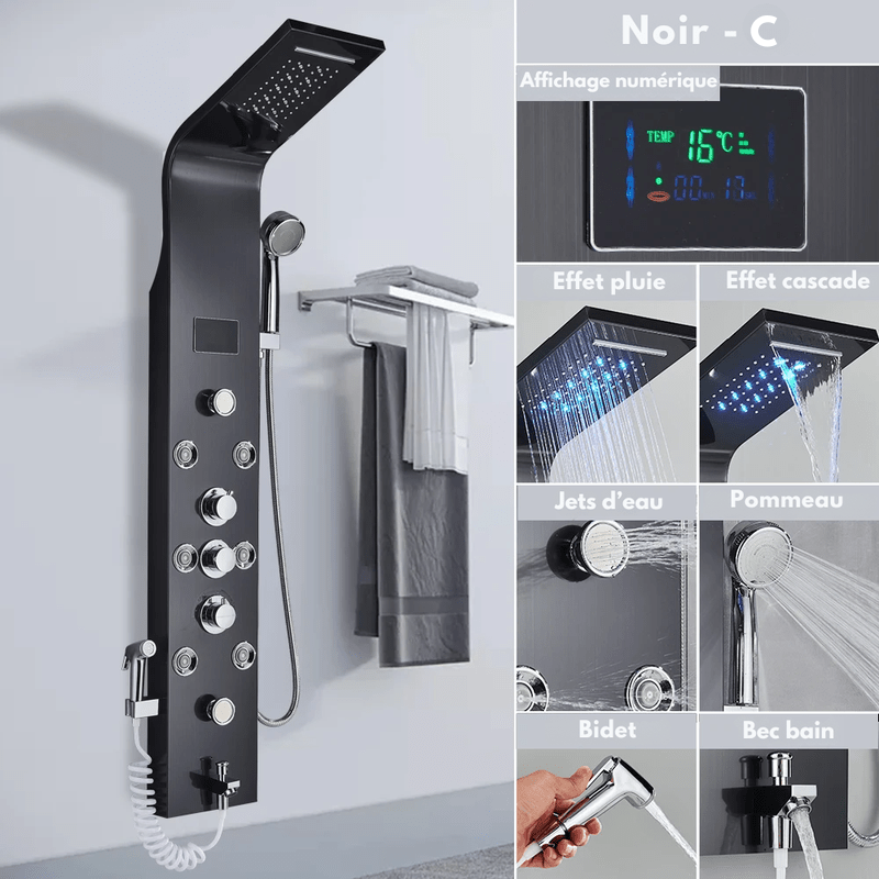 Colonne de Douche Hydromassante Noir LED avec Jets de Massage – Système Cascade & Pluie & Affichage Digital - Focett