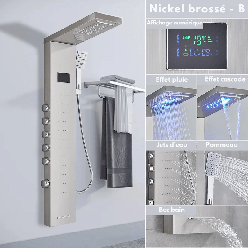 Colonne de Douche Hydromassante Noir LED avec Jets de Massage – Système Cascade & Pluie & Affichage Digital - Focett