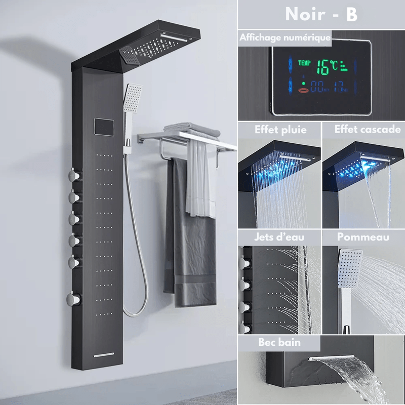 Colonne de Douche Hydromassante Noir LED avec Jets de Massage – Système Cascade & Pluie & Affichage Digital - Focett