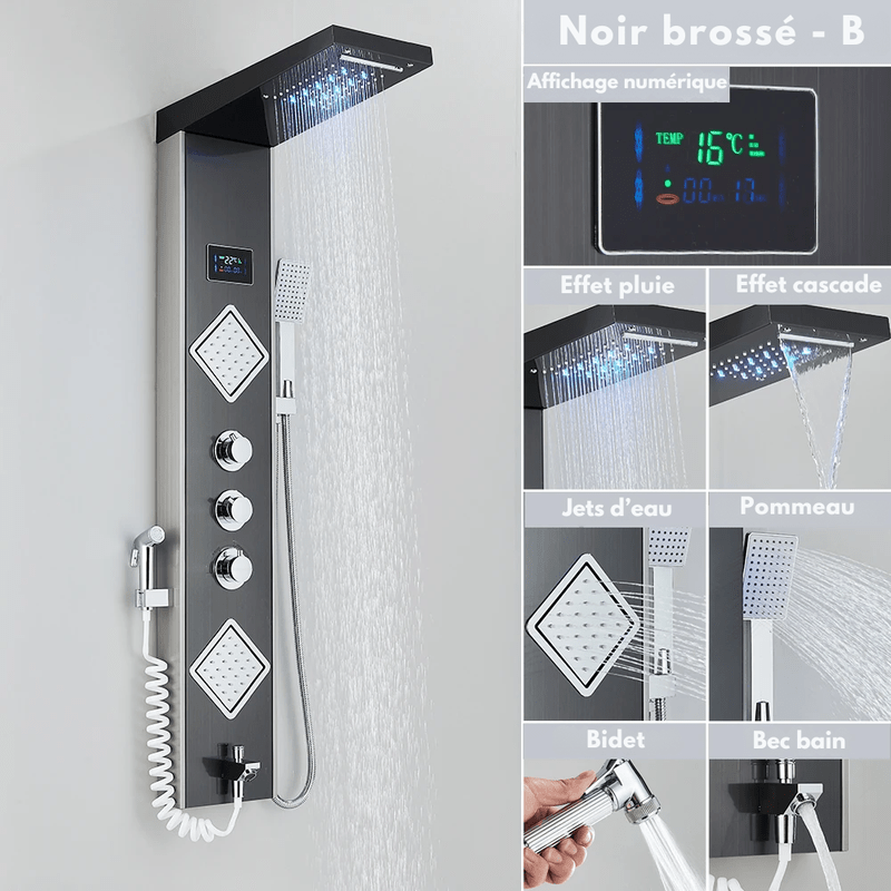 Colonne de Douche Hydromassante Noir LED avec Jets de Massage – Système Cascade & Pluie & Affichage Digital - Focett