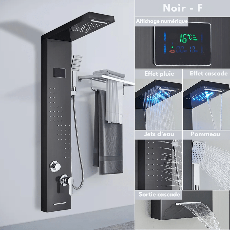 Colonne de Douche Hydromassante Or LED avec Jets de Massage – Panneau Cascade & Affichage Digital – Acier Inoxydable et Laiton pour Salle de Bain Moderne - Focett